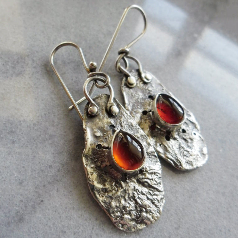 Wholesale Irregular Metal Inlaid Red Dropstone Earrings